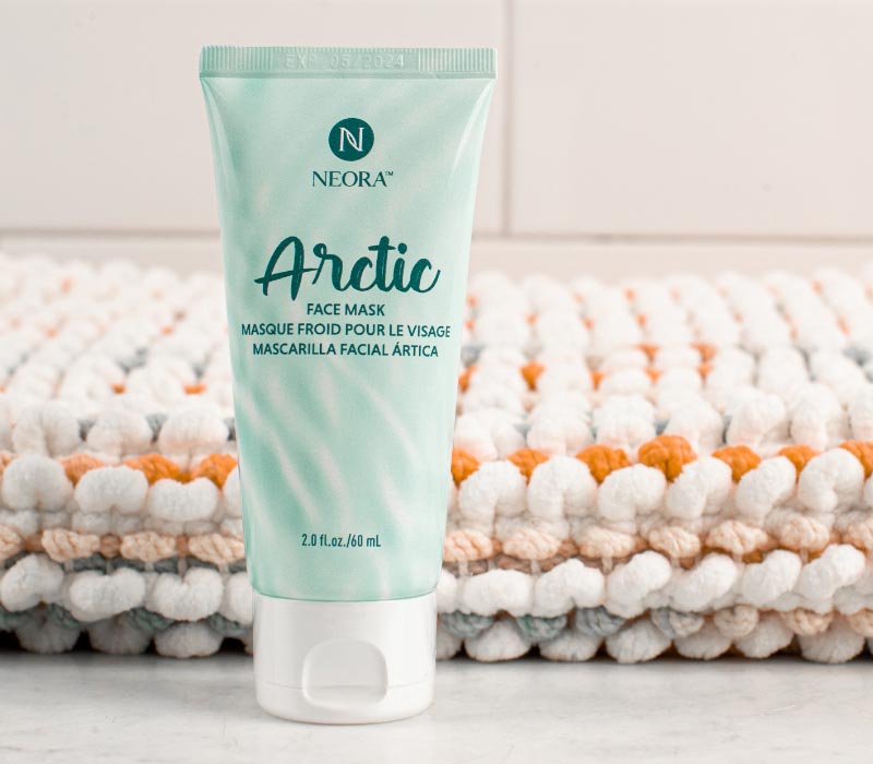 Neora’s Hot List product, Arctic Face Mask, sitting in front of a bath towel in a bathroom